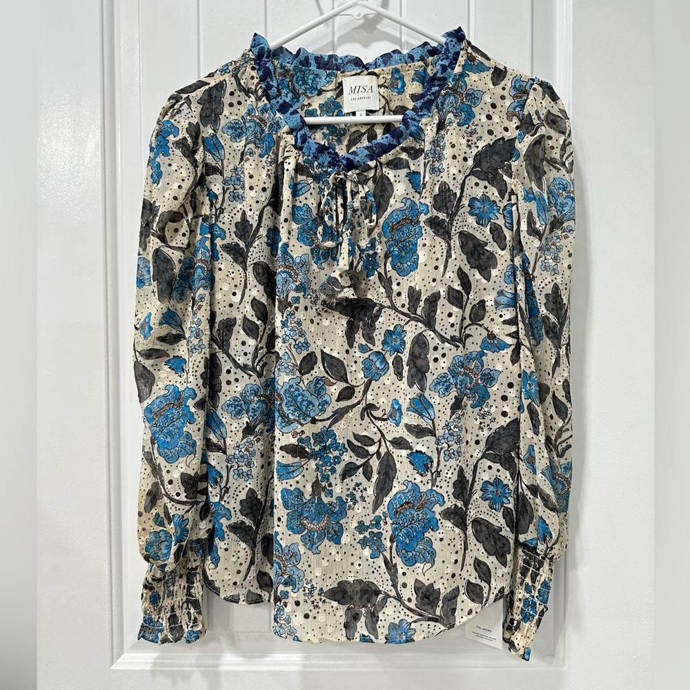 Misa Los Angeles Siena Top Blouse In Blue/ Ivory Floral Prints
